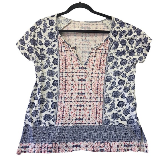 Lucky Brand Tops - Lucky Brand Womens Mixed Floral Boho Print Split V-Neck Top Navy Red Size M‎